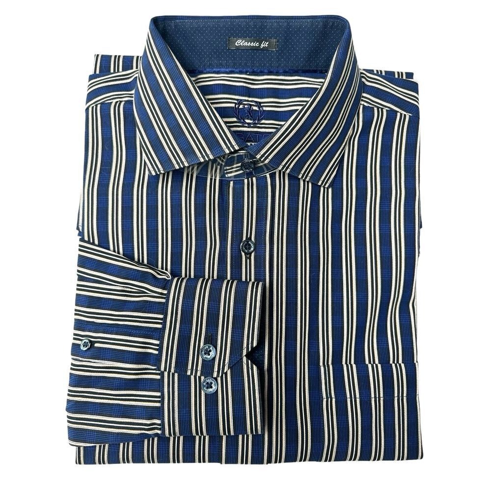 Bugatchi Uomo Men's Classic Fit 100% Cotton Long Sleeve Striped‎ Shirt - Blue